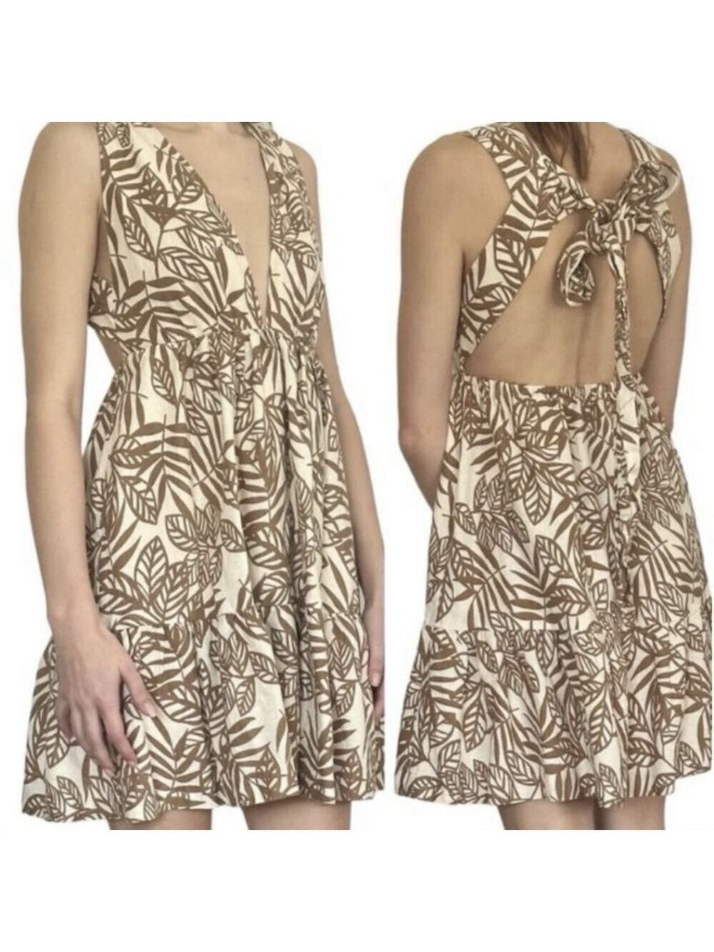 House of Harlow 1960 Linen Tropical Print Plunge Mini Dress MED Brown Party Date